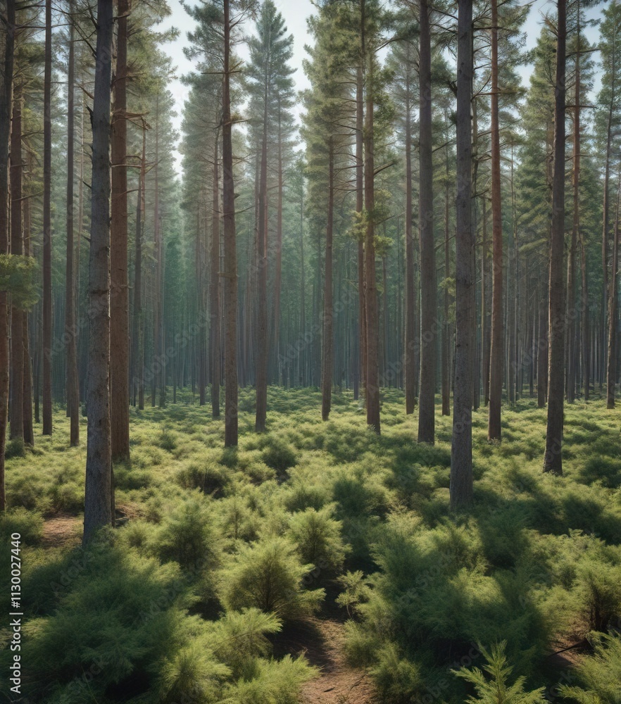 Fototapeta premium Panoramic view of a dense forest of towering pine trees in early spring, wide angle, scenery, nature