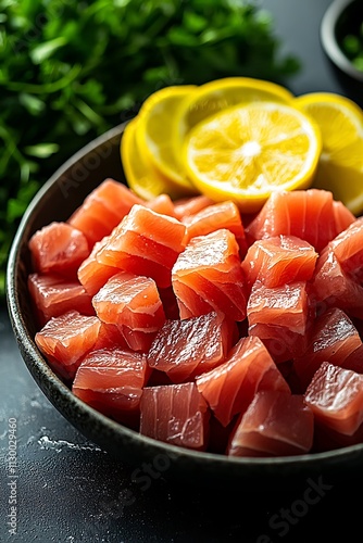 Close-up of Fresh Diced Salmon with Lemon Slices in a Bowl.