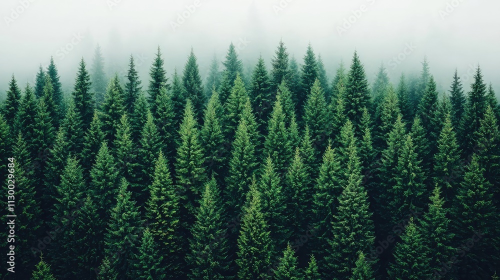 Fototapeta premium A lush green forest with dense pine trees surrounded by soft fog and enchanting tranquility.