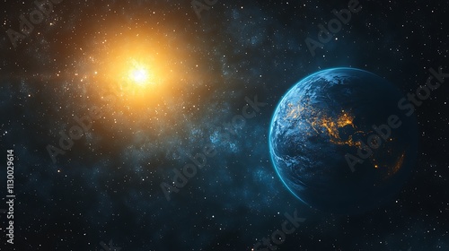 Background of space with blue Earth and sun star