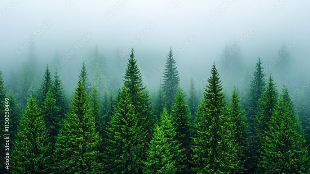 Fototapeta premium Mist-covered evergreen forest with lush green trees creating a serene atmosphere.