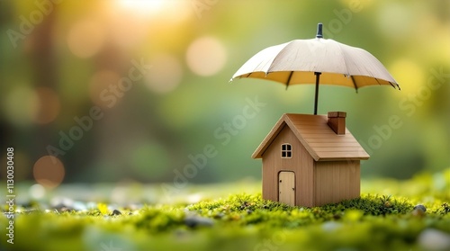 Miniature Wooden House Protected by a Small Umbrella on a Bed of Moss, Sunlight Filtering Through Green Foliage