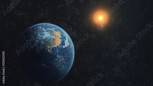 Background of space with blue Earth and sun star