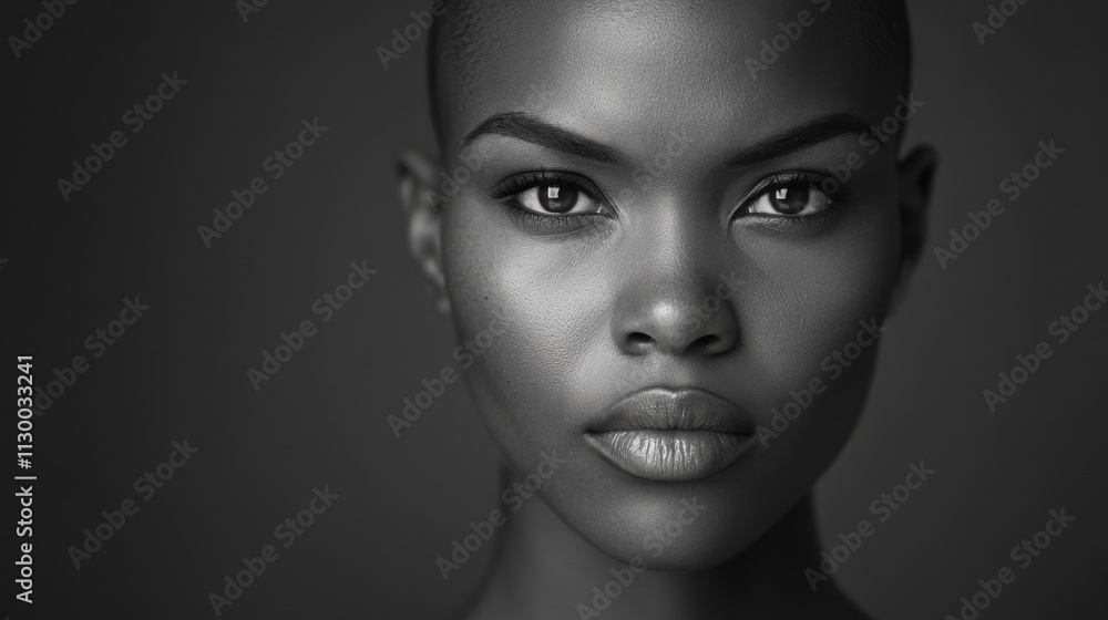 Fototapeta premium A striking black and white portrait of a confident woman with a smooth, bald head, showcasing her strong features and intense gaze.