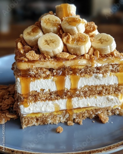 A delicious layered dessert featuring banana slices, cream, and a crunchy topping, drizzled with caramel, presented on a blue plate.
