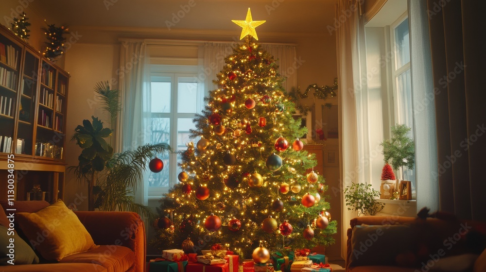 Obraz premium A festive Christmas party with colorful lights, people dancing, and cheerful holiday decorations all around 