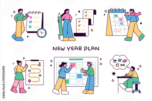 People are making New Year's resolutions in large notebooks, diaries, and calendars. outline simple vector illustration.