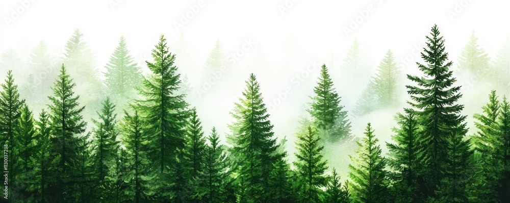 Obraz premium A serene forest landscape featuring tall, lush green pine trees surrounded by mist, creating a tranquil and atmospheric scene.