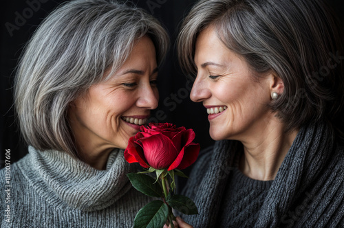 studio portrait on a black background of two women aged 55-60 exchanging smiles while holding a red rose in their hands, capturing a moment of warmth and affection 