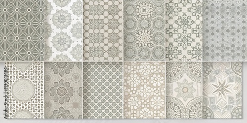 Collection of twelve ornate decorative seamless patterns featuring abstract floral and geometric designs in neutral tones