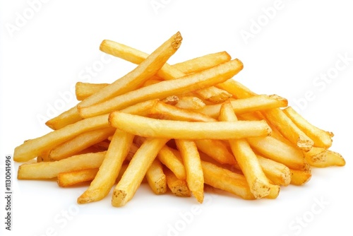 A heap of golden yellow French fries stacked in a pyramid like arrangement photo