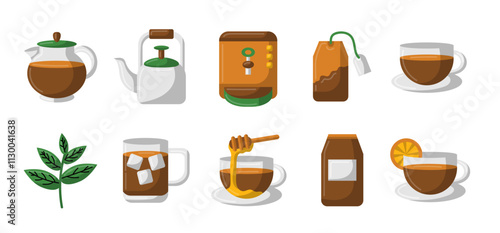 Tea set flat design illustration, tea party essentials vector image, tea and teapot flat icons, tea time clip art, tea drink design template elements