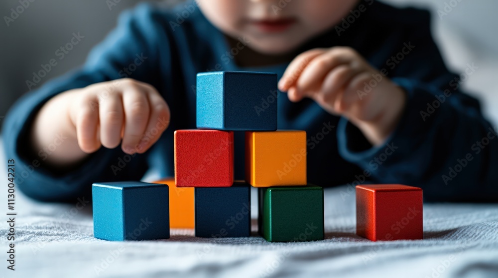 Fototapeta premium Child playing with colorful blocks at home indoor activity playtime