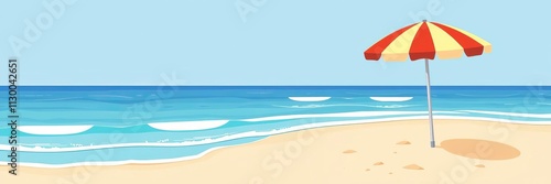 Sandy beach with azure sea, beach umbrella top view design template for summer holiday web graphic flyer vector illustration, template, vector
