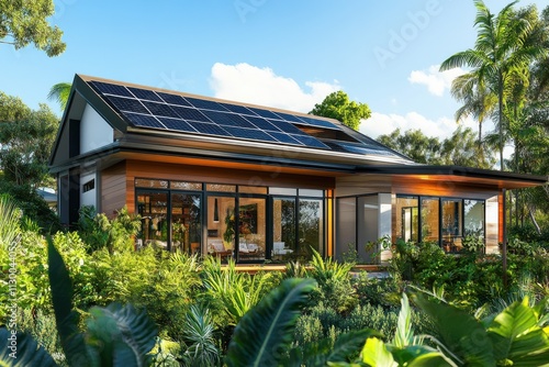 A modern eco friendly house with solar panels on the roof photo