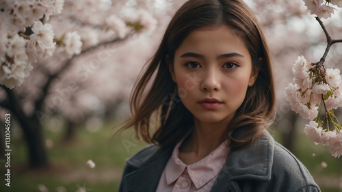 A serene portrait of a girl surrounded by cherry blossoms.