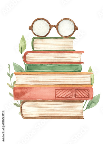 Watercolor composition with books, books stacked, knowledge for everyone, for cards and invitations