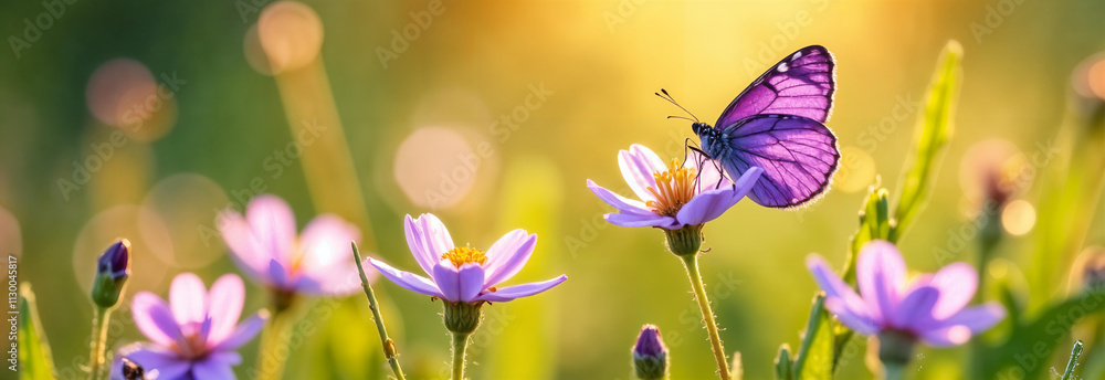 A butterfly rests on a vibrant flower, sparkling in the warm sunlight of a tranquil garden full of beauty. Hello spring.