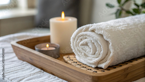 Luxurious spa setting with rolled towels, candles, and wooden tray. Relaxing ambiance for self care photo