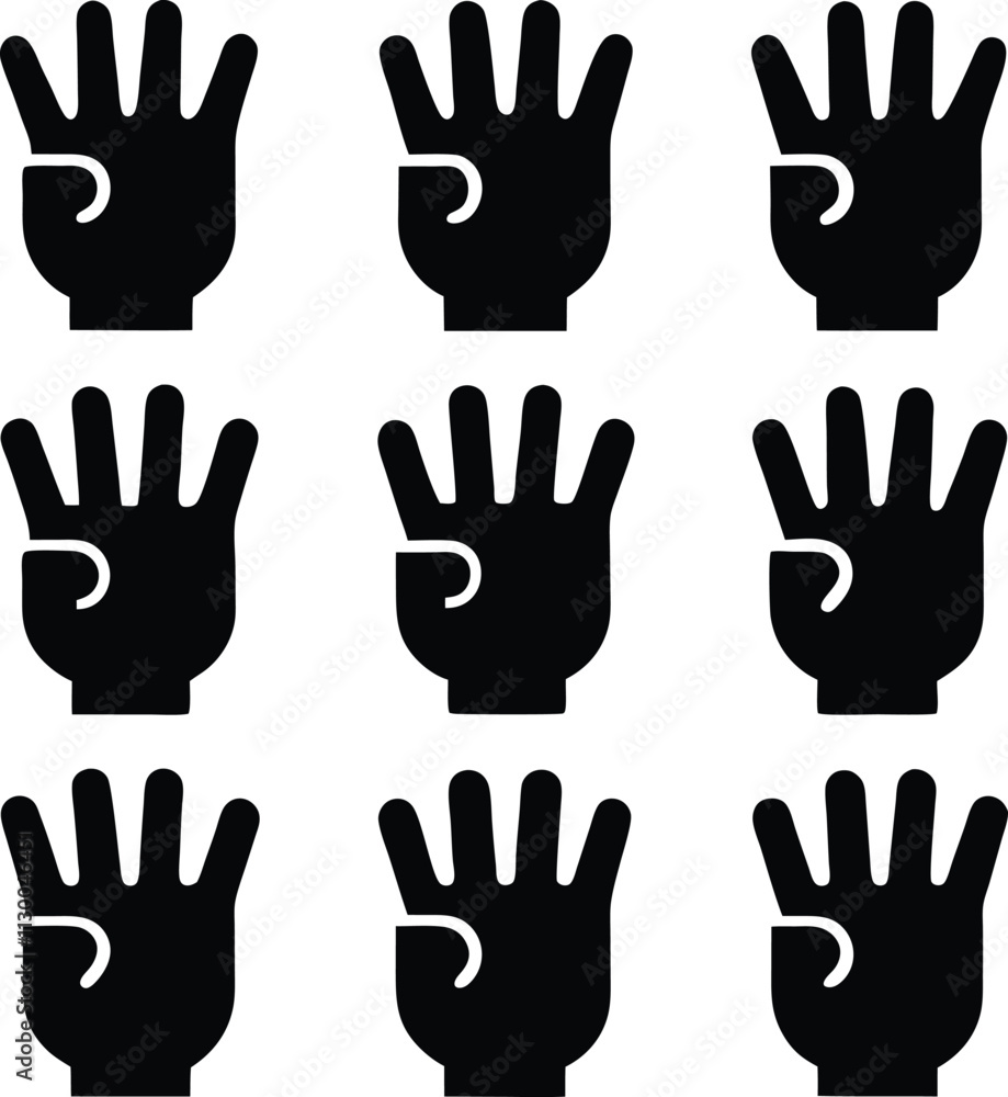Obraz premium Black & White Vector Graphic of Multiple Hands Showing Number Four | Counting Illustration | Simple Hand Gesture Icon Set