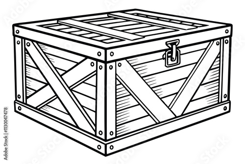 closed box made with chopped wood, front view black color line art C