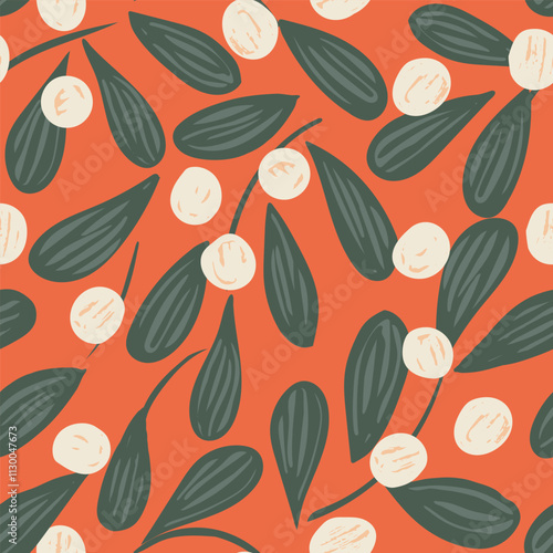 Painted mistletoes scattered forming a beautiful garden in Christmas color palette of green, white on orange background. Christmas seamless vector pattern. Great for homedecor, fabric, wallpaper, gift