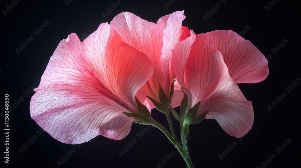 Fototapeta premium Extreme close-up of a sweet pea bloom, focusing on its delicate, ruffled petals against a black backdrop.