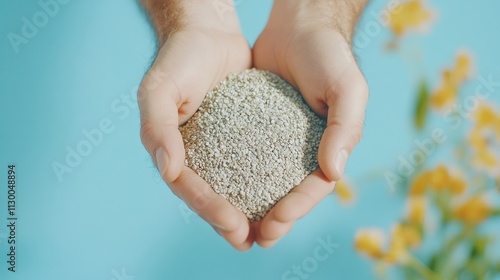 Hands Holding Seeds on Blue Background with Yellow Flowers – Surreal Natural Light and Organic Farming Aesthetic photo