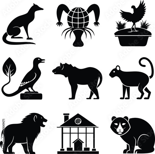 Black and White Vector Icon Set: Animals, Building, Globe, Lion, Dog, Bear, Bird, Chicken, House, Silhouette Graphic Elements