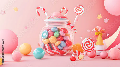 Colorful Candy Jar with Assorted Sweets and Lollipops on a Soft Pink Background, Capturing the Sweetness and Joy of Confectionery Bliss