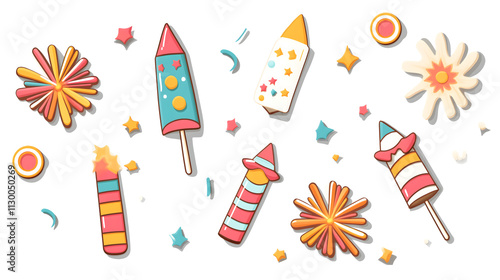 Colorful Collection of Festive Fireworks Illustrations Featuring Rockets, Sparklers, and Exploding Designs Perfect for Celebrations and Party Themes