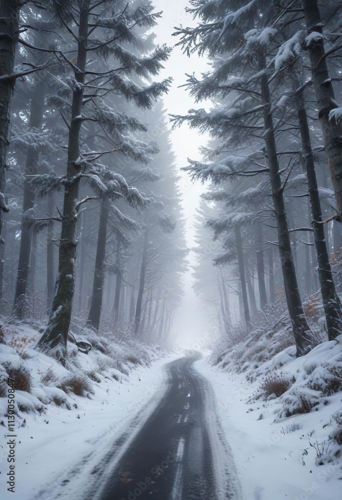 Fototapeta premium Wintry road running through a mystical snow-covered forest, road, cold