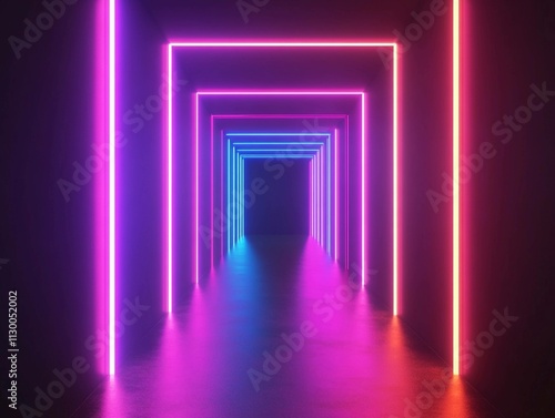 Exploration of a futuristic neon tunnel illuminated by vibrant colors and smooth reflections at night. Generative AI