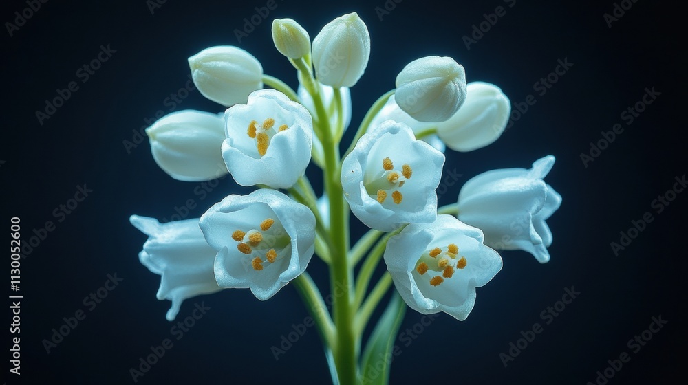 Fototapeta premium Macro shot of a lily of the valley, capturing the tiny bell-shaped flowers in exquisite detail against a black backdrop.