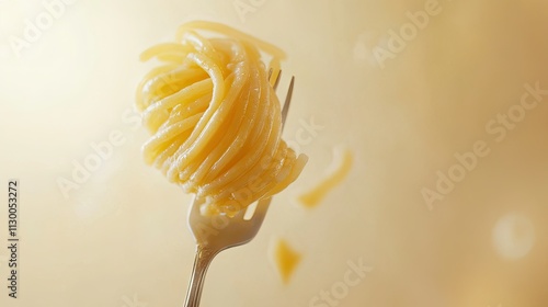 A close-up view of a fork holding perfectly twirled spaghetti, cascading downward, isolated on a soft pastel cream background with gentle lighting.