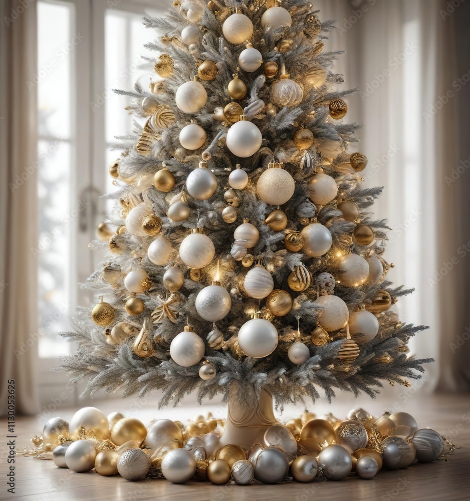 Obraz premium Sparkling white christmas tree adorned with sparkling gold and silver ornaments, white, elegant, Christmas