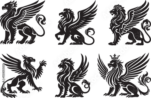 Regal griffin set silhouette vector art, Regal griffin vector illustration design