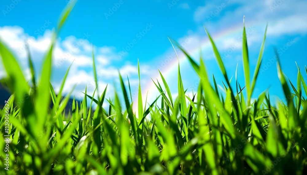 Obraz premium Close-up of green grass field with blue sky and rainbow in nature. Rainbow over meadow. Grassland and sky with rainbow. Rainbow background backgrounds landscape outdoors