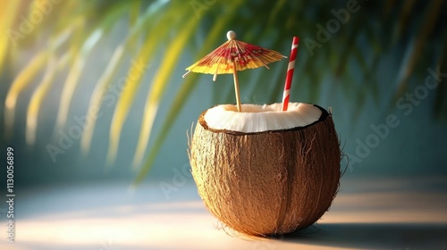 Tropical Coconut Drink with Straw and Umbrella Ice Fresh Fruit Cocktail photo