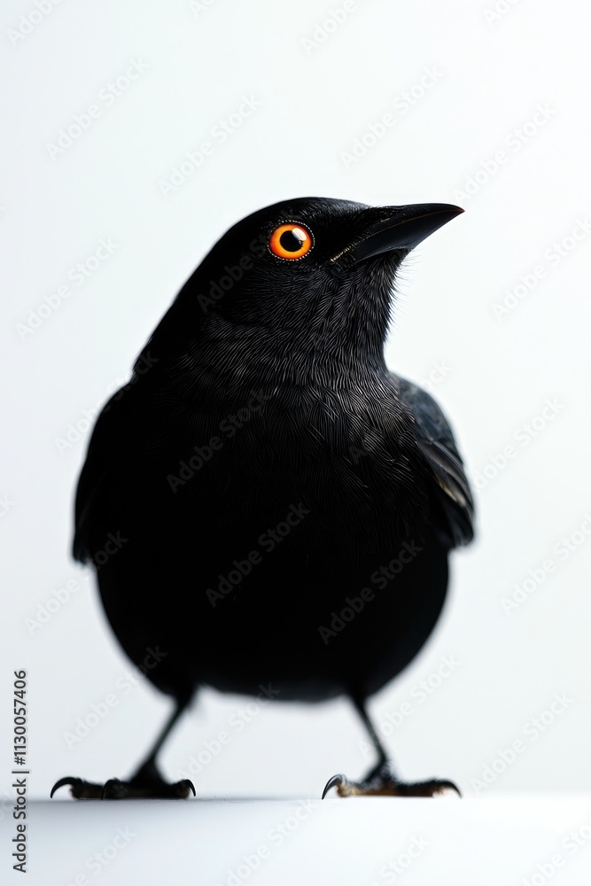 Fototapeta premium Black Bird with Striking Orange Eye against White Background