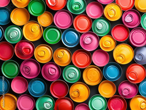 Recycle sustainability conservation renewal concept. A vibrant arrangement of colorful spray paint cans, showcasing a lively spectrum of hues in an artistic display. photo