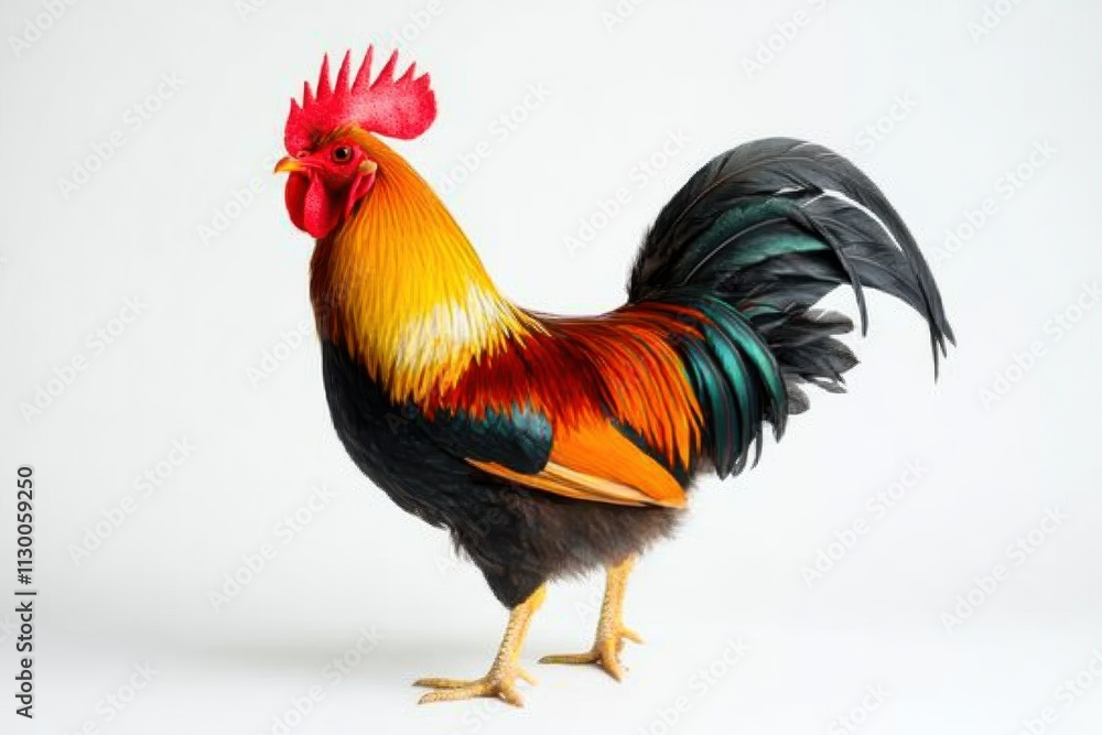 Fototapeta premium A vibrant rooster with a bright red comb glossy black tail feathers