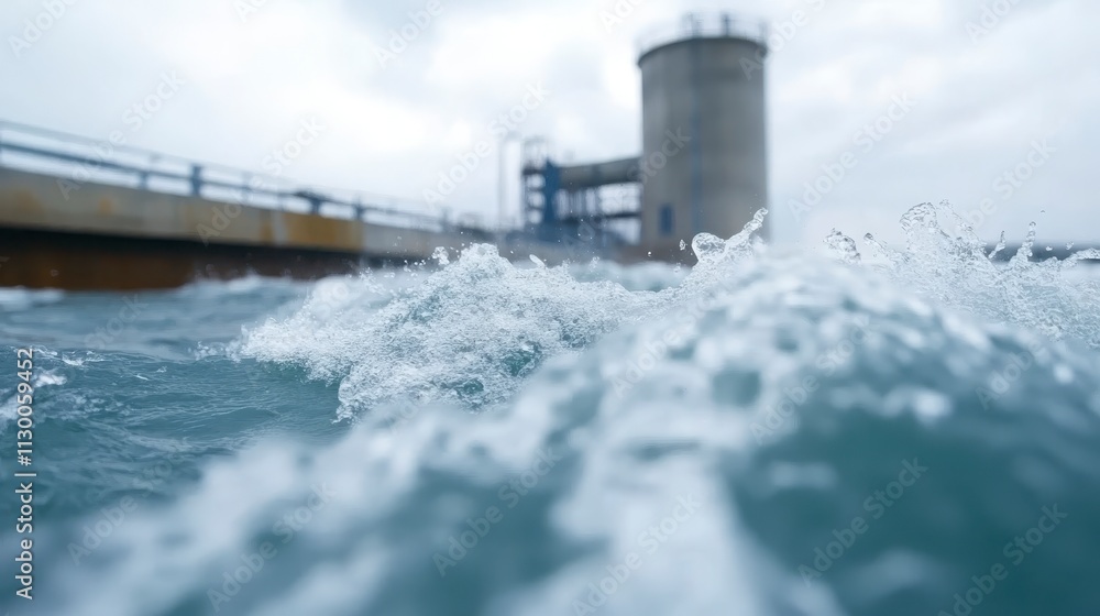 Obraz premium Turbulent Water Waves Crashing Against Industrial Dam