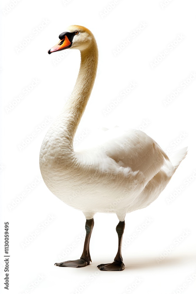 Fototapeta premium Elegant White Swan Standing Gracefully Against White Background