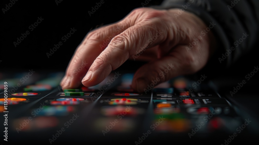 Fototapeta premium A hand pressing colorful buttons on a dark keyboard.