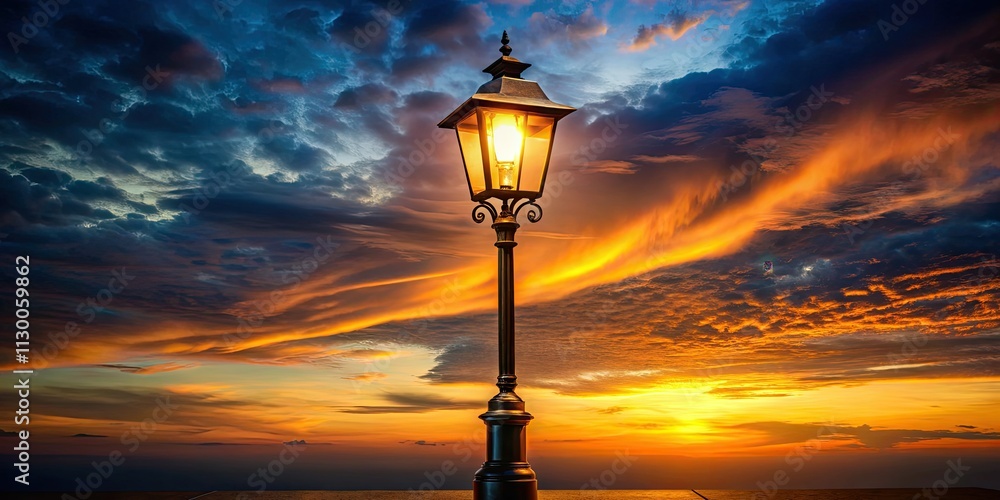 Obraz premium Nighttime street lamp illuminates a dark urban scene, capturing city lights in captivating street photography.