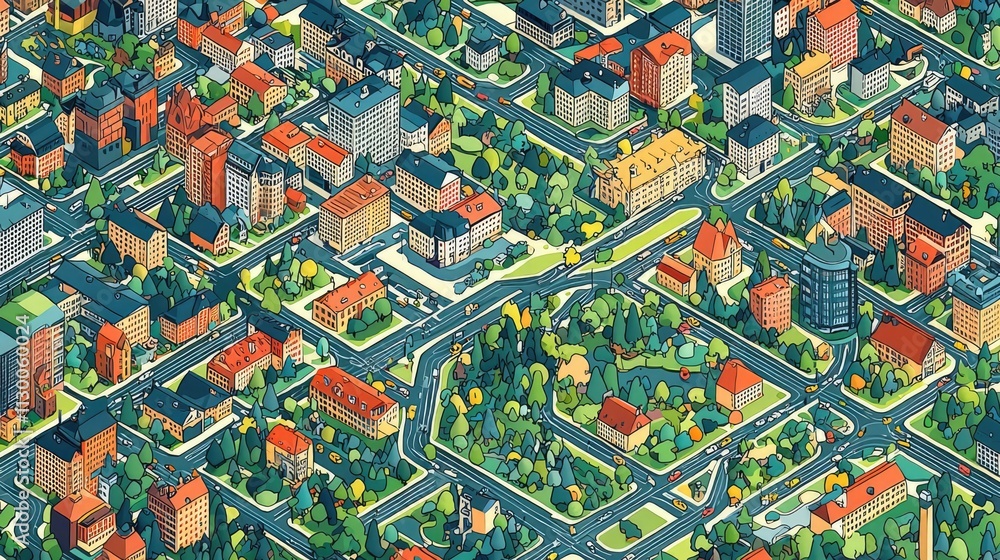 Obraz premium Map atlas idea. A vibrant aerial view of a colorful urban landscape with roads, parks, and buildings.