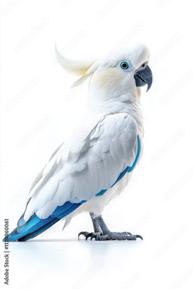 Fototapeta premium Elegant White Cockatoo with Blue Accents on White Background