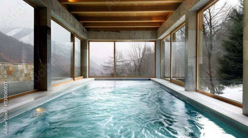 Wallpaper Mural Modern indoor swimming pool with seamless integration of natural elements, featuring large windows with panoramic views Torontodigital.ca