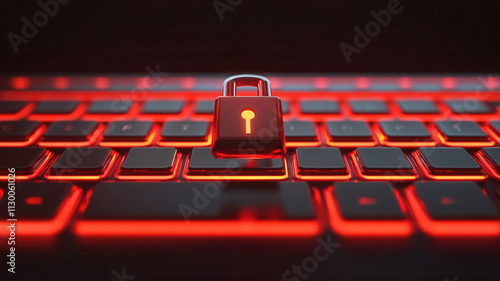 Abstract digital lock hovering above a keyboard, registration security concept, sleek and modern